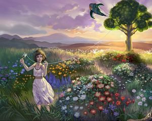 Превью обои пейзаж, девочка, ребенок, трава, цветы, птицы, воздушный змей