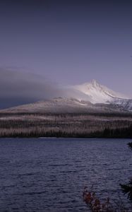 Превью обои пейзаж, гора, снег, зима, озеро, лес, вода, природа