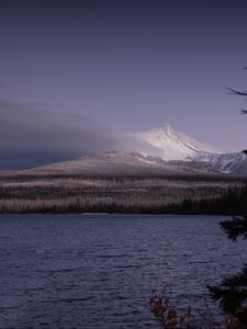Превью обои пейзаж, гора, снег, зима, озеро, лес, вода, природа
