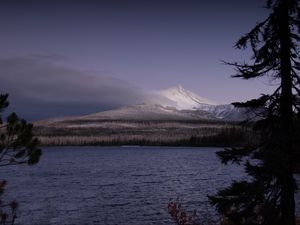 Превью обои пейзаж, гора, снег, зима, озеро, лес, вода, природа