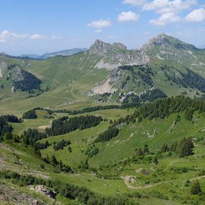 Превью обои пейзаж, горы, долина, деревья, трава, природа