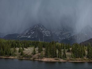 Превью обои пейзаж, горы, лес, туман, река, природа