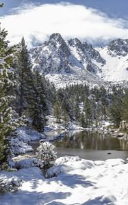 Превью обои пейзаж, горы, снег, зима, деревья, пруд