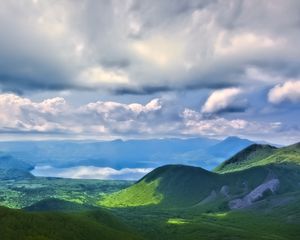 Превью обои пейзаж, холмы, горы, облака