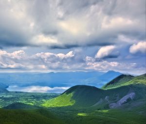 Превью обои пейзаж, холмы, горы, облака