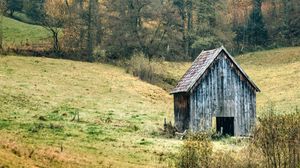 Превью обои пейзаж, лес, дерево, осень, сарай, природа