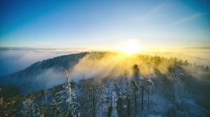 Превью обои пейзаж, лес, гора, солнце, зима, свет