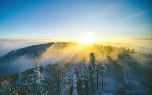 Превью обои пейзаж, лес, гора, солнце, зима, свет