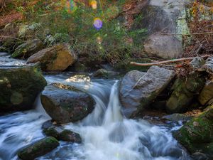 Превью обои пейзаж, река, лес, камни, вода, солнце, природа