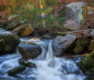 Превью обои пейзаж, река, лес, камни, вода, солнце, природа