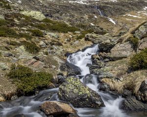 Превью обои пейзаж, ручей, горы, камни, природа