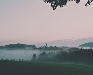 Превью обои пейзаж, туман, холмы, деревья, природа