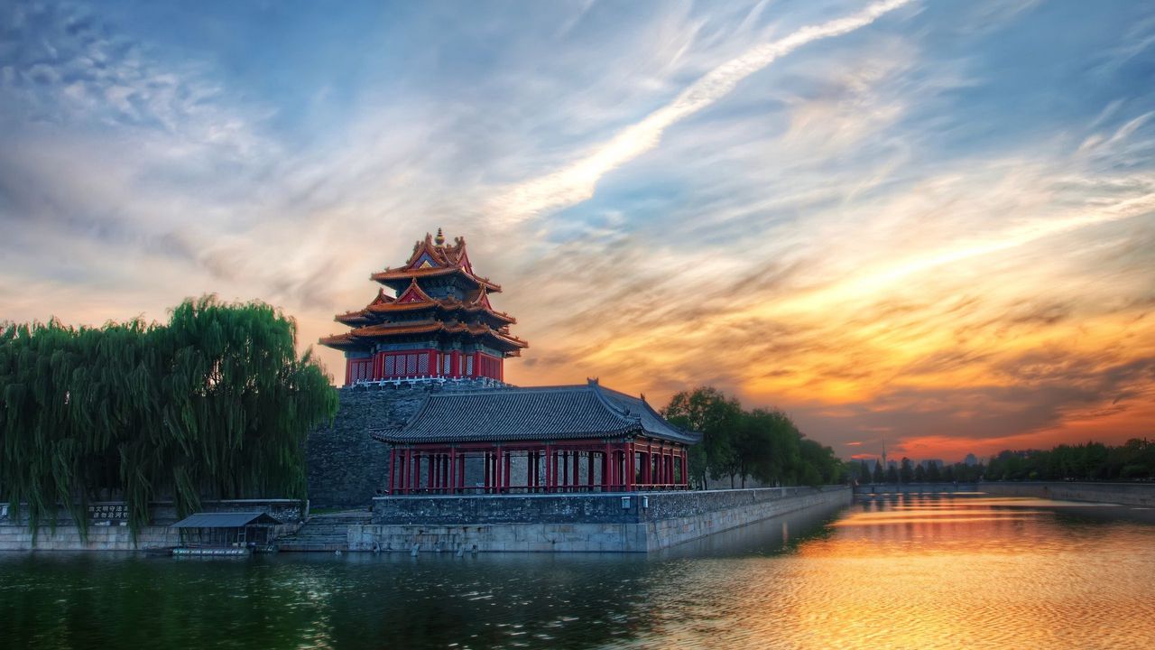 Обои пекин, китай, строение, небо, облака, беседка, деревья