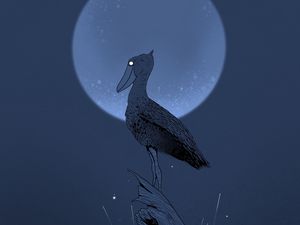 Превью обои пеликан, пень, ночь, луна, птица, арт