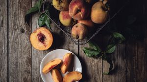 Превью обои персик, фрукт, деревянный, тарелка