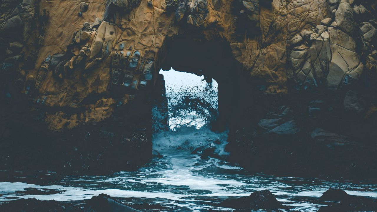 Обои пещера, арка, скалы, море, камни