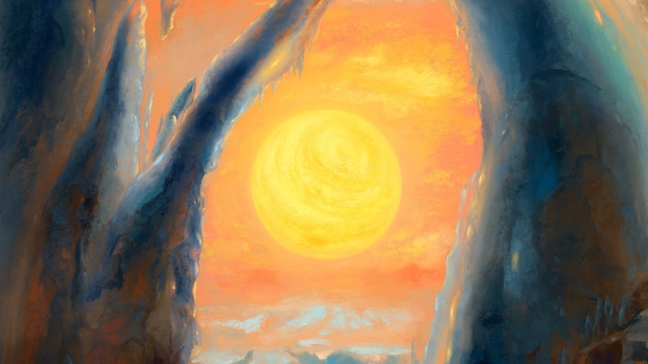 Обои пещера, арка, солнце, холст, краска, арт
