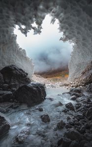 Превью обои пещера, камни, лед, замерзший, вода, природа