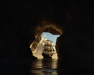 Превью обои пещера, корабль, море, арт, темный
