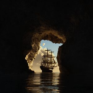Превью обои пещера, корабль, море, арт, темный