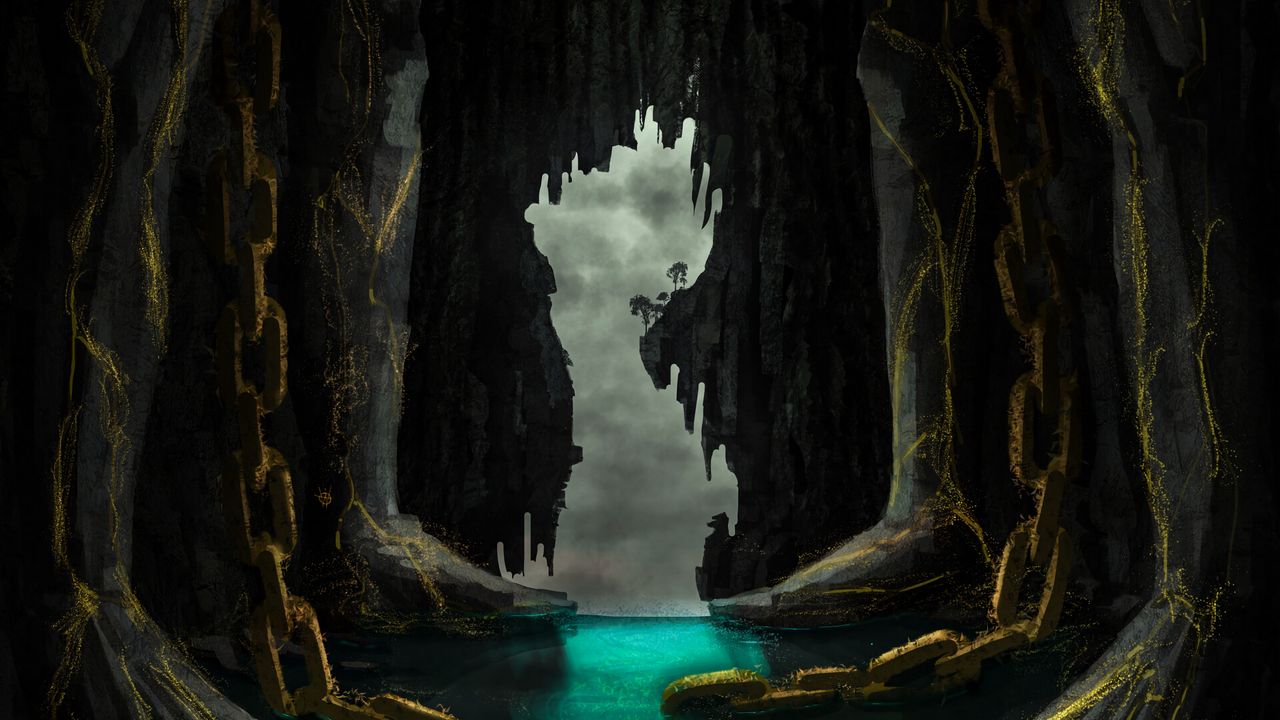 Обои пещера, корабль, река, цепи, скалы, арт