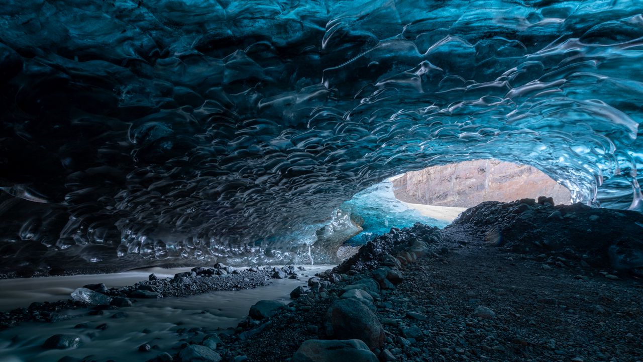 Обои пещера, лед, камни, природа, синий