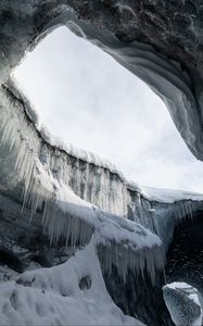 Превью обои пещера, лед, сосульки, снег