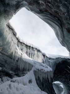 Превью обои пещера, лед, сосульки, снег