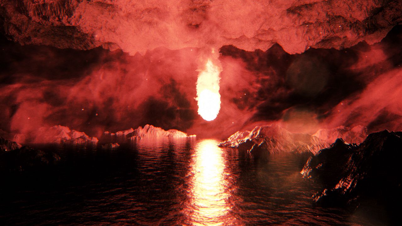 Обои пещера, огненный шар, отражение, вода, пылающий, яркий