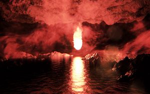 Превью обои пещера, огненный шар, отражение, вода, пылающий, яркий