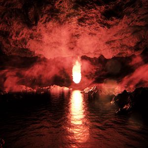 Превью обои пещера, огненный шар, отражение, вода, пылающий, яркий