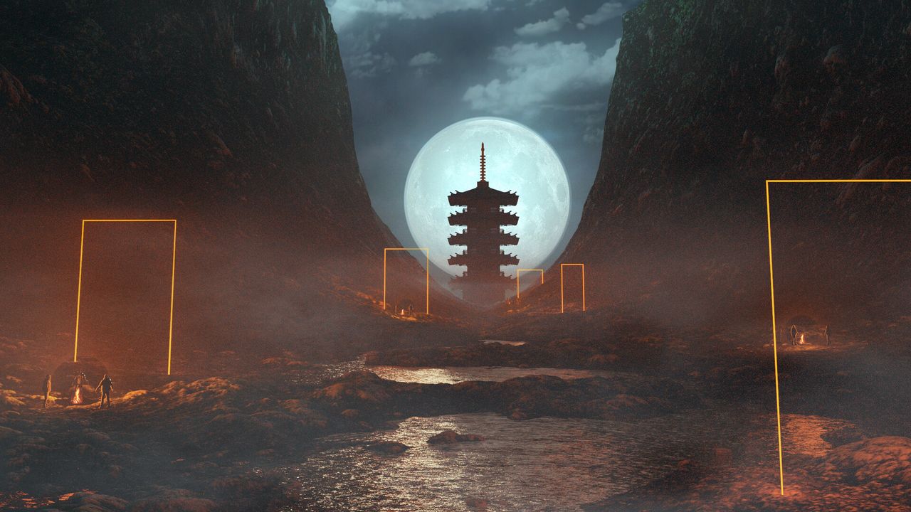 Обои пещера, пагода, луна, ночь, туман