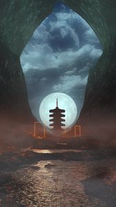 Превью обои пещера, пагода, луна, ночь, туман