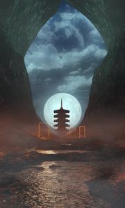 Превью обои пещера, пагода, луна, ночь, туман