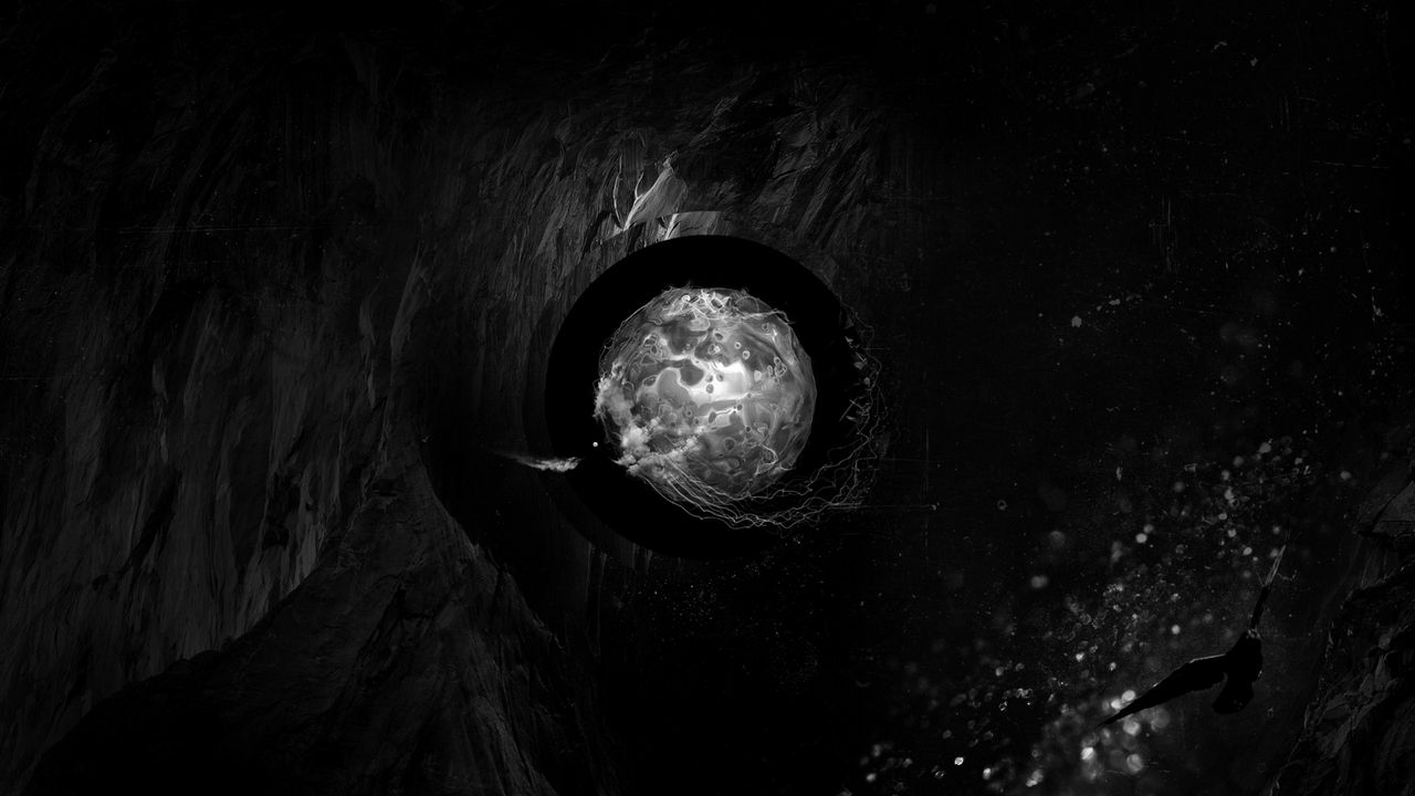 Обои пещера, птица, шар, камни, темный, тень