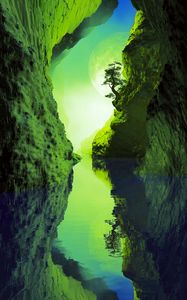 Превью обои пещера, река, дерево, отражение, зеленый