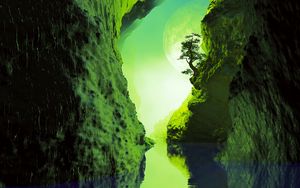 Превью обои пещера, река, дерево, отражение, зеленый