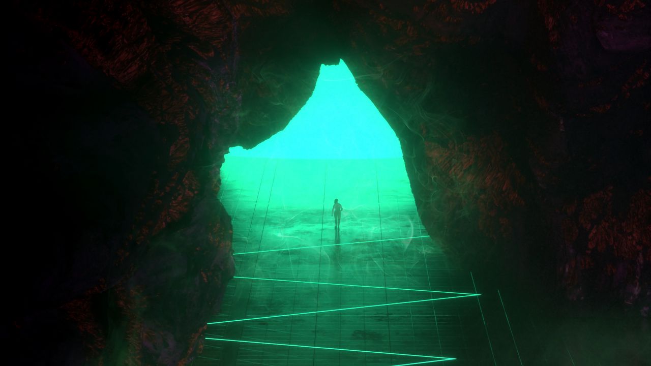 Обои пещера, силуэт, свет, выход