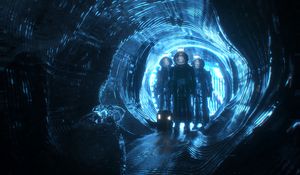 Превью обои пещера, темный, пришельцы, вход, свет, синий