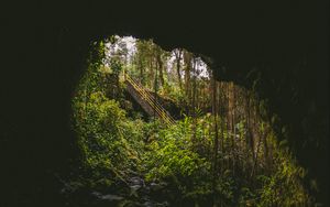 Превью обои пещера, темный, скала, лестница, природа