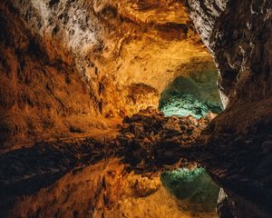 Превью обои пещера, вода, отражение, каменный, внутри, вулканический, куэва-де-лос-вердес, канарские острова, испания