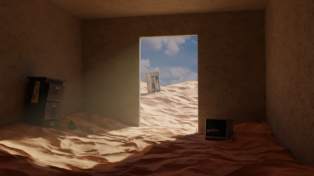 Обои песок, тень, небо, дверной проем, арт