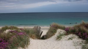 Превью обои песок, трава, пляж, море, пейзаж, лето