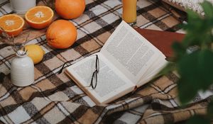 Превью обои пикник, книга, апельсин, цветы