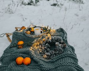 Превью обои пикник, зима, рождество, уют, настроение, лес, снег