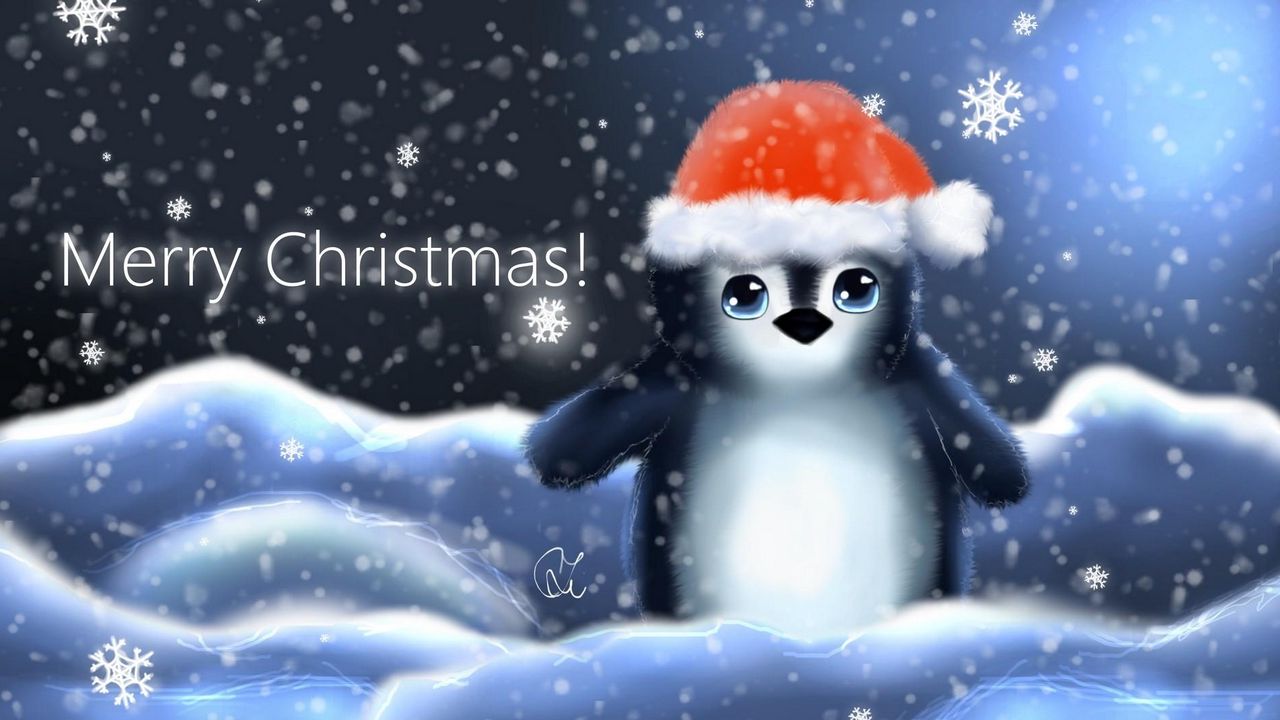 Обои пингвин, шапка, детеныш, снежинки, рождество, надпись