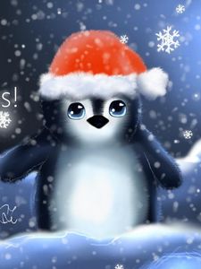 Превью обои пингвин, шапка, детеныш, снежинки, рождество, надпись