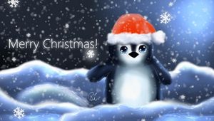 Превью обои пингвин, шапка, детеныш, снежинки, рождество, надпись