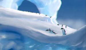 Превью обои пингвины, лед, льдины, снег, арт