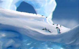 Превью обои пингвины, лед, льдины, снег, арт